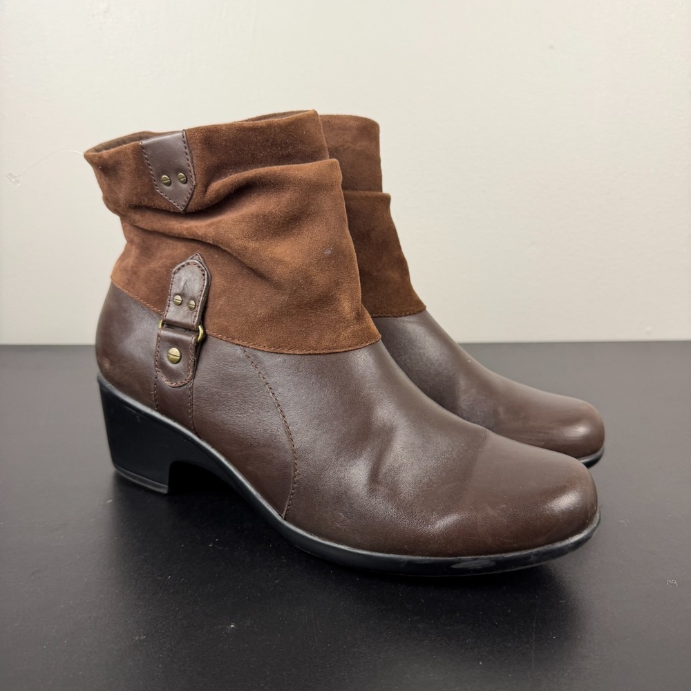 Clarks Ankle Boots Women 11M Brown Leather Side Zipper Block Heel Casual Comfort